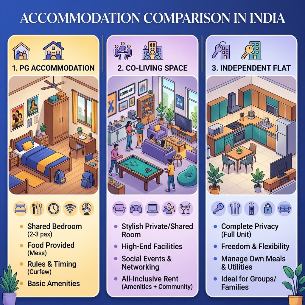 PG vs. Co-living vs. Renting a Flat: The Young Professional's Guide in India